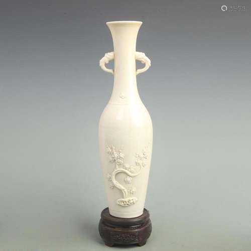 WHITE COLOR GLAZED PLUM TREE SHAPED DOUBLE HANDLED VASE