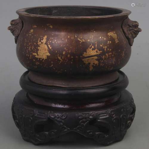 A XUAN DE STYLE LION EAR SPRINKLE GOLD BRONZE CENSER