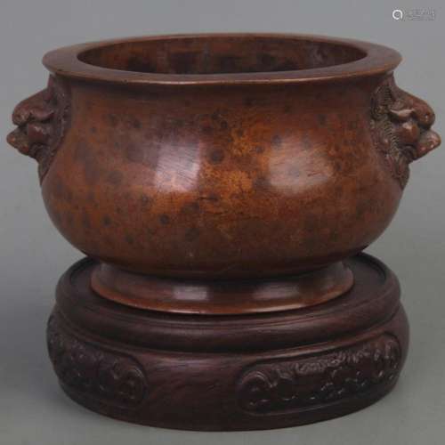 A FINE XUAN DE STYLE LION EAR ROUND BRONZE CENSER