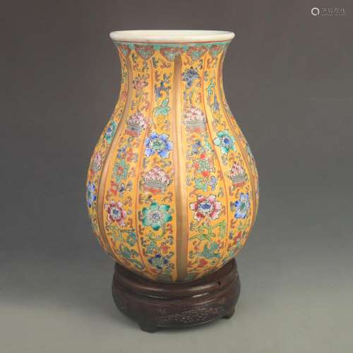 YELLOW GROUND FAMILLE ROSE FACETED PORCELAIN VASE