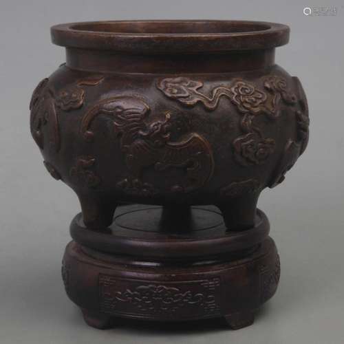 A XUAN DE MARK BAT CARVING THREE FOOT BRONZE CENSER