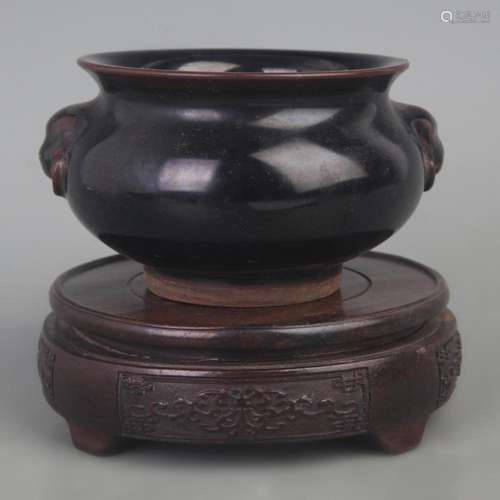 A BLACK COLOR GLAZED ROUND PORCELAIN CENSER