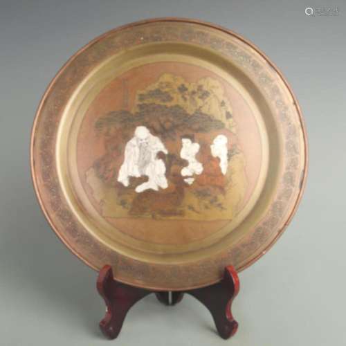 A FINE BRONZE MADE SILVER INLAY CHARACTER PATTERN PLATE