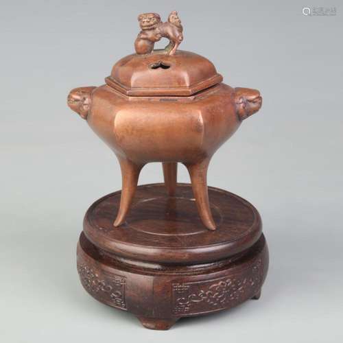 A FINE LION TOP HIGH FOOT BRONZE INCENSE BURNER