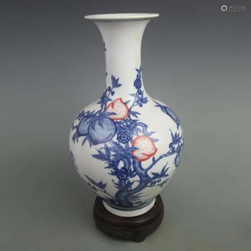 BLUE AND WHITE PORCELAIN VASE WITH UNDERGLAZE RED NINE PEACH...