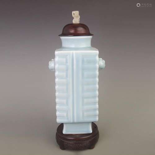 SKY-BLUE GLAZED CONG STYLE PORCELAIN JAR WITH ROSEWOOD AND W...