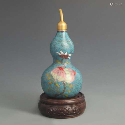 A FINE BRONZE CLOISONNE ENAMEL CALABASH SHAPE BOTTLE