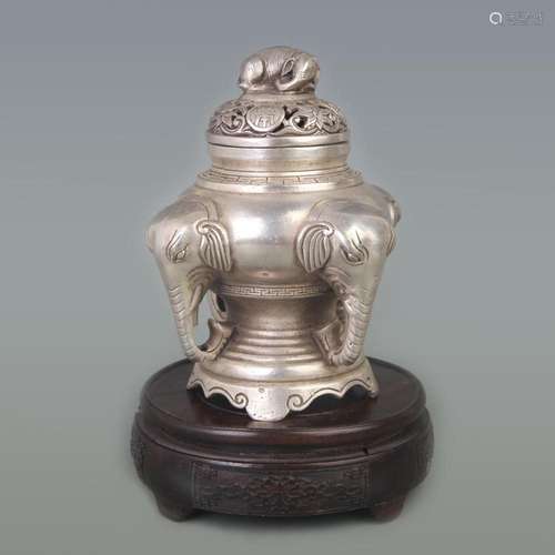 SILVER PLATED ELEPHANT HEAD FOUR-LEGGED INCENSE BURNER