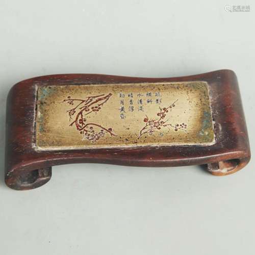 SANDALWOOD INLAID WITH COPPER CARVED PLUM BLOSSOM POETRY INK...