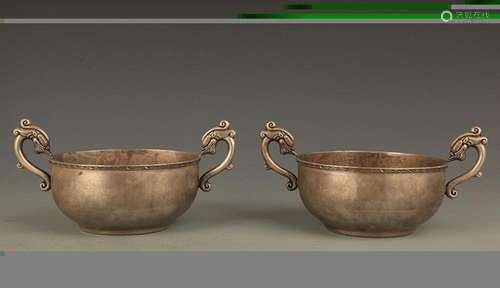 PAIR OF FINE DRAGON HANDLE BRONZE BOWL