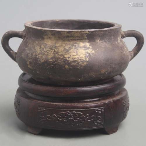 A FINE ROUND DOUBLE EAR BRONZE CENSER