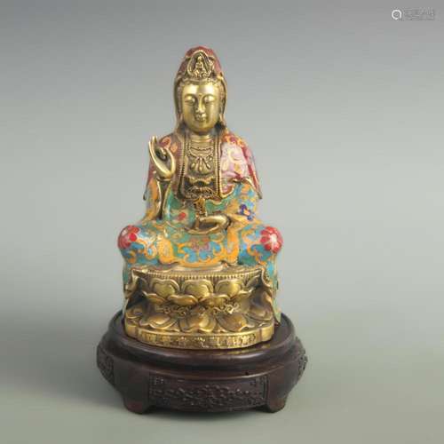 A FINE BRONZE CLOISONNE ENAMEL GUAN YIN STATUE