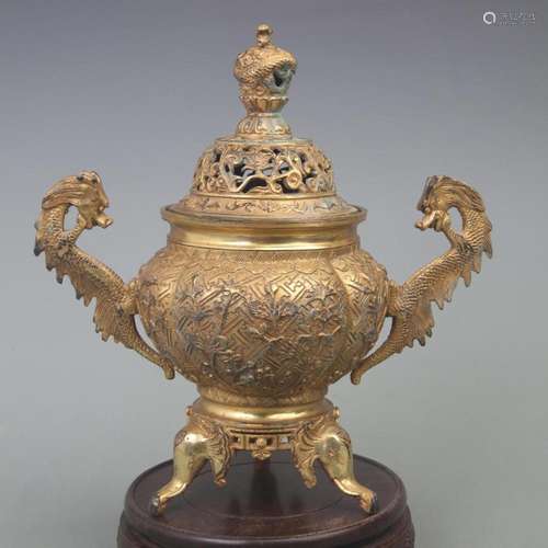 BRONZE GILT SUNFLOWER-SHAPED THREE-LEGGED CENSER