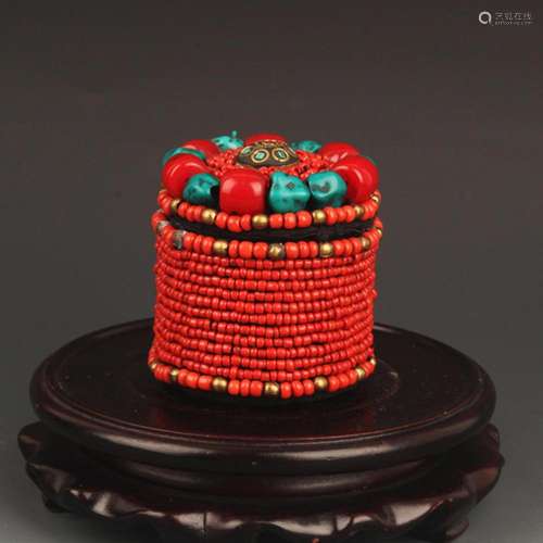 JEWELRY BOX WITH CORAL AND GEMSTONE INLAY