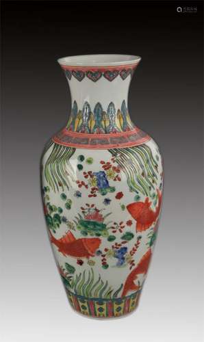 FAMILLE ROSE LOTUS AND FISH GUAN YIN STYLE VASE