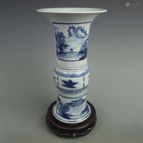 BLUE AND WHITE LANDSCAPING PATTERN PORCELAIN FLOWER VASE