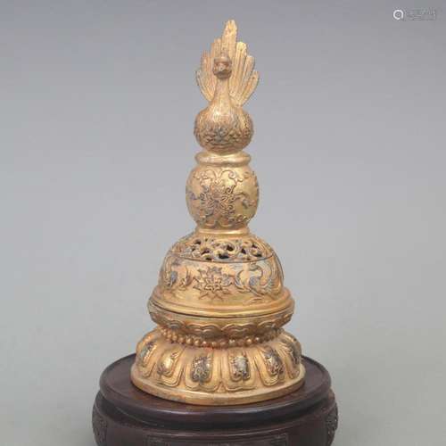 BRONZE GILT TOWER-SHAPED INCENSE BURNER WITH PHOENIX PATTERM