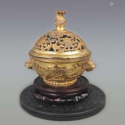 BRONZE GILT INCENSE BURNER WITH FLORAL PATTERM