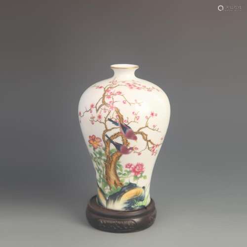 CLOISONNE ENAMEL PLUM STYLE VASE WITH BIRD AND FLOWER DESIGN