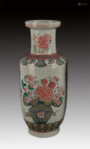 A TALL FAMILLE ROSE FLOWER PAINTED VASE