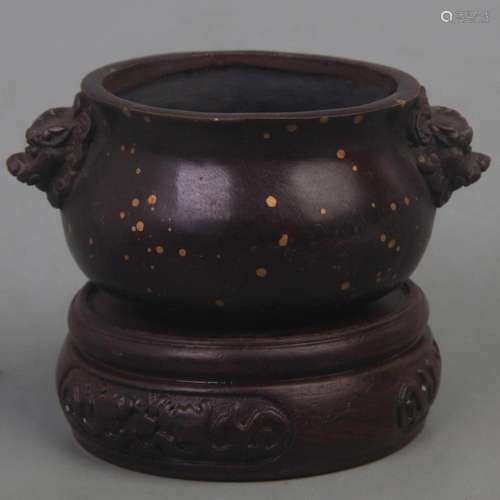 A FINE XUAN DE STYLE LION EAR DARK GOLD BRONZE CENSER