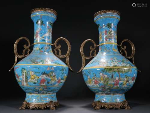 A Pair of Blue-Glazed Pastel Baby Playing Figures Inlaid Cop...