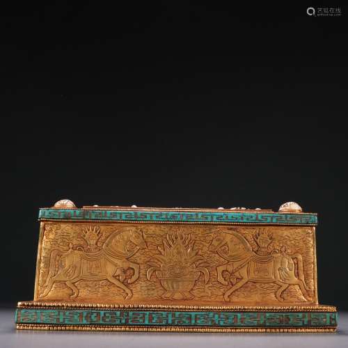 Gilt copper offering box with gemstones and Buddha patterns