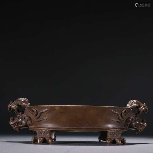 Old copper four-legged incense burner with animal ears
