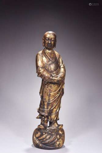 Boxwood Lacquer Gold Lacquer Standing Statue of Ksitigarbha