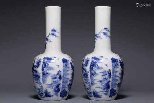 A pair of blue-and-white landscape figures and story picture...