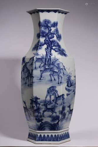 Blue and white pine deer figure hexagonal appreciation vase