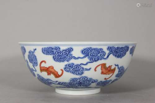 Blue and white alum red Hongfu Qitian bowl