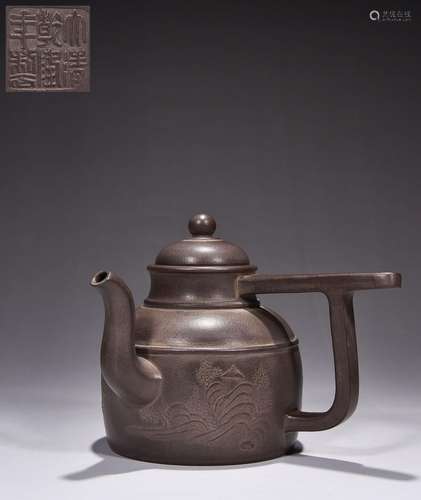 Pavilion and attic landscape pattern purple clay teapot