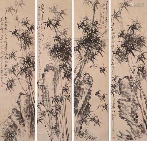 Four Screens of Zheng Banqiao Bamboo and Stone Painting