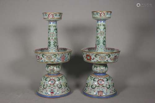 Bean Green Glaze Pastel Eight Treasures Pattern Candlestick