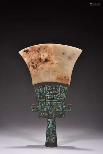 Bronze Inlaid Turquoise Hetian White Jade Ritual Vessel