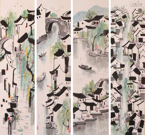 Four screens of Wu Guanzhong's family map in the south of th...