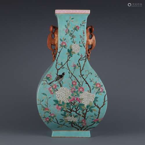 Turquoise green pastel flower and bird pattern amphora squar...