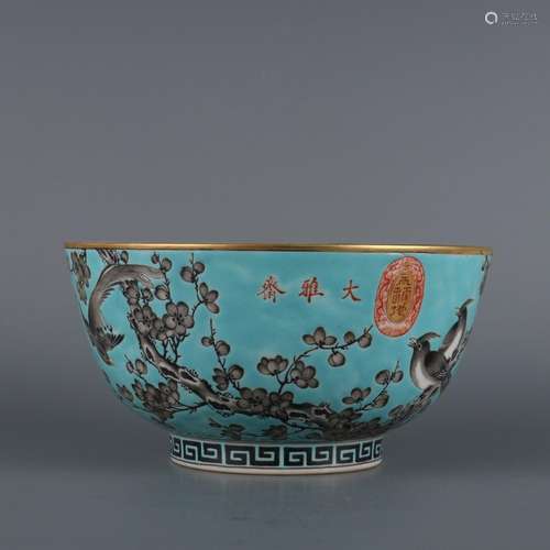 Turquoise green ink color flower and bird pattern bowl