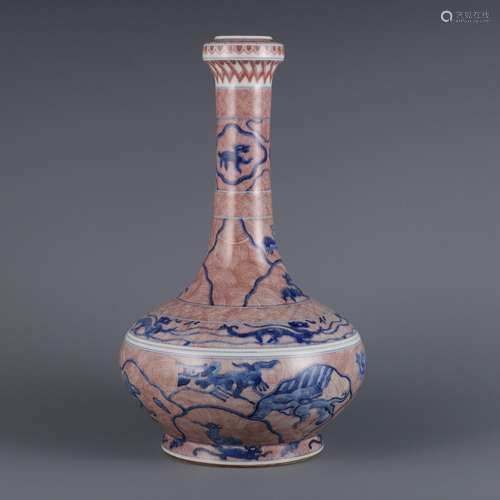 Blue-and-white glazed red seawater sea monster pattern long-...