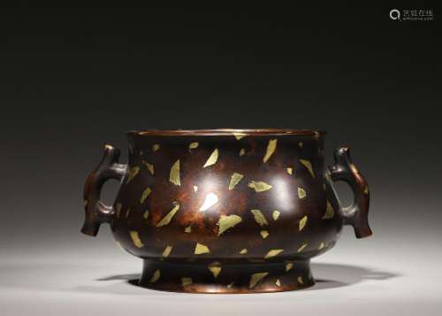 A double-eared gold sprinkled copper censer,Ming Dynasty,Chi...
