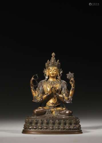 A gilding copper four-armed Guanyin statue,Qing Dynasty,Chin...