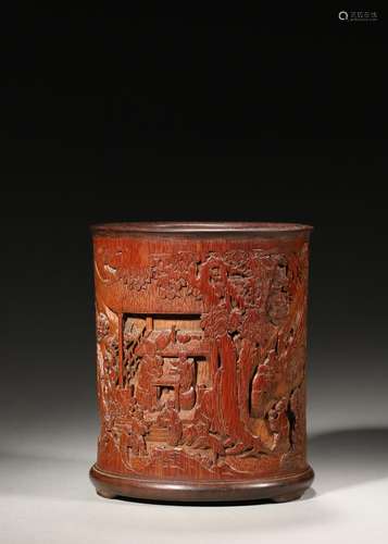 A figure carved bamboo brush pot,Qing Dynasty,China