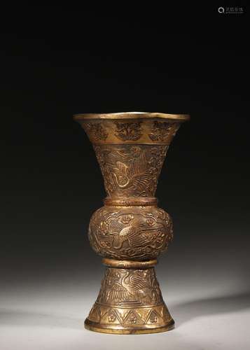 A crane patterned gilding copper beaker vase,Qing Dynasty,Ch...