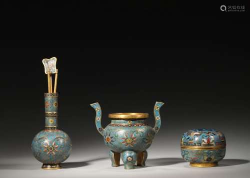 A set of interlocking lotus patterned cloisonne vase, censer...