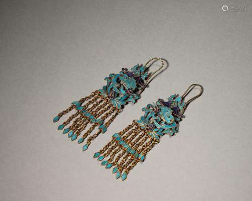 A pair of gilding silver tian-tsui fish earrings,Qing Dynast...