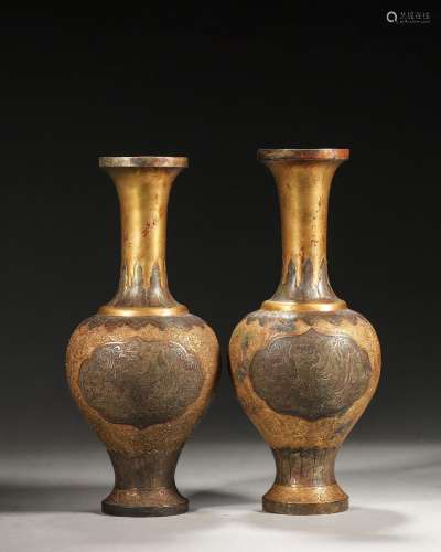 A pair of phoenix bird patterned gilding silver vases,Qing D...