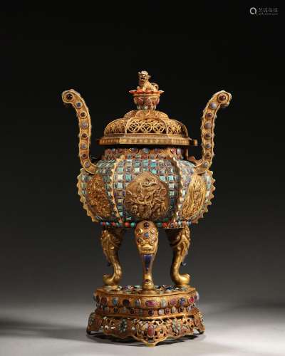 A double-eared gem-inlaid gilding silver incense burner ,Qin...
