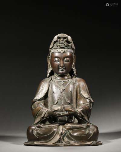 A silver-inlaid copper Guanyin statue ,Qing Dynasty,China