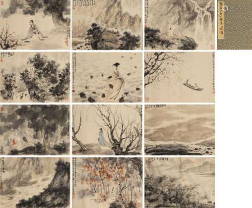 12 pages of Chinese painting of landscape and figure, Fu Bao...